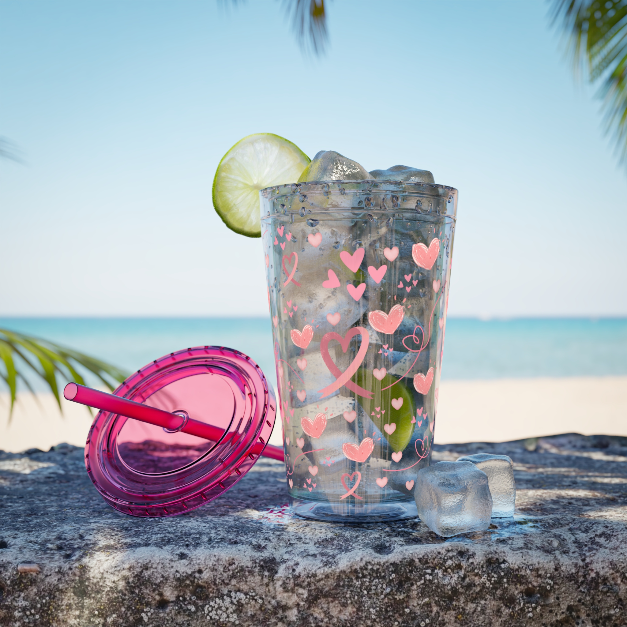 Breast Cancer Ribbon-Hearts Sunsplash Tumbler with Straw, 16oz - Image 5