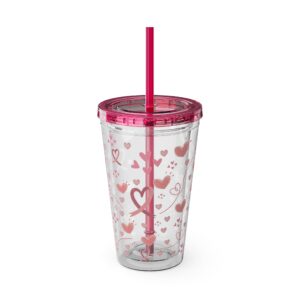 Breast Cancer Ribbon-Hearts Sunsplash Tumbler with Straw, 16oz