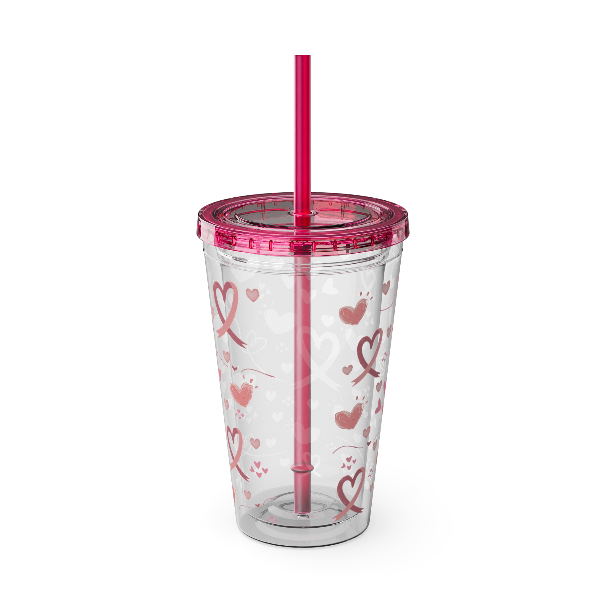 Breast Cancer Ribbon-Hearts Sunsplash Tumbler with Straw, 16oz - Image 3
