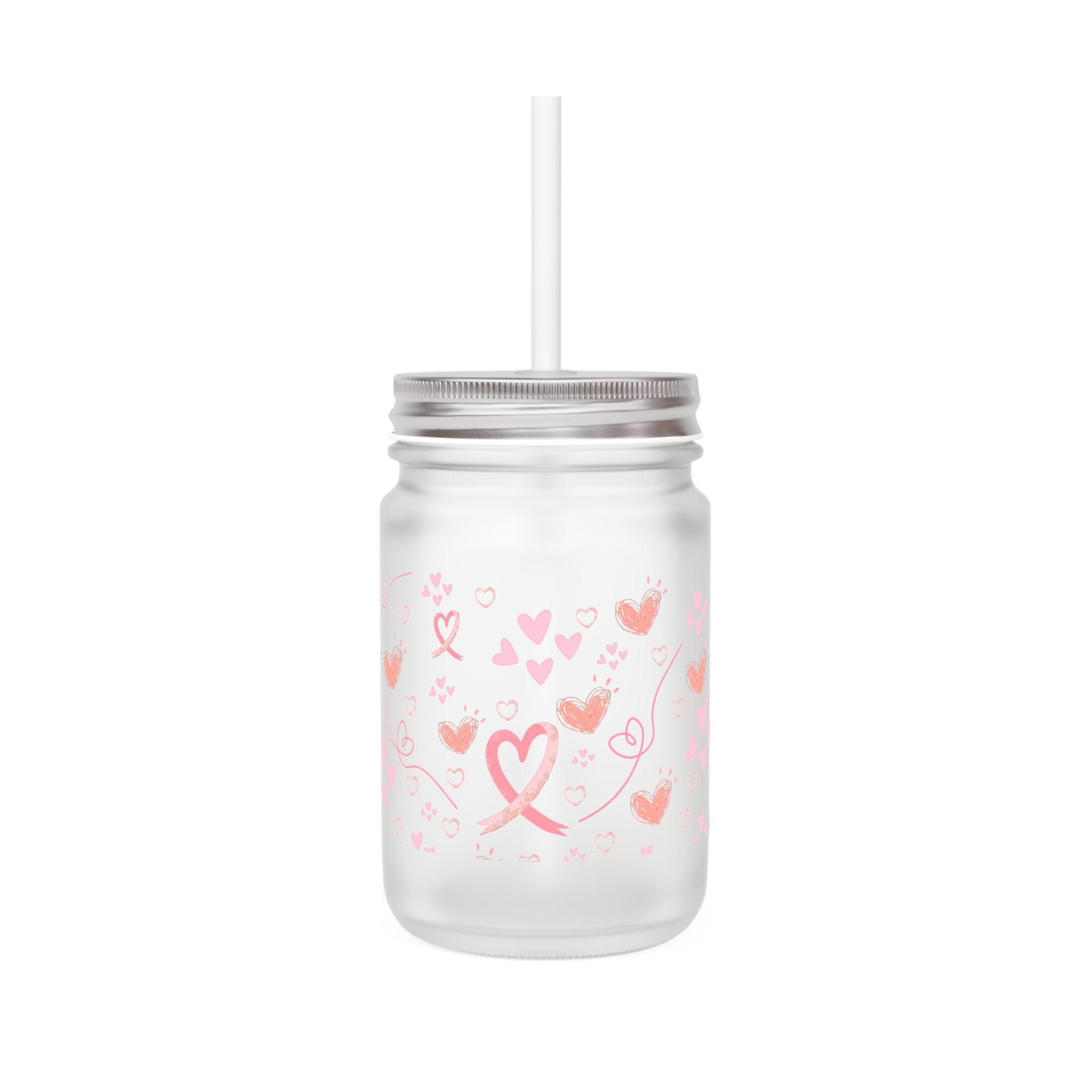 Breast cancer ribbon- hearts Mason Jar