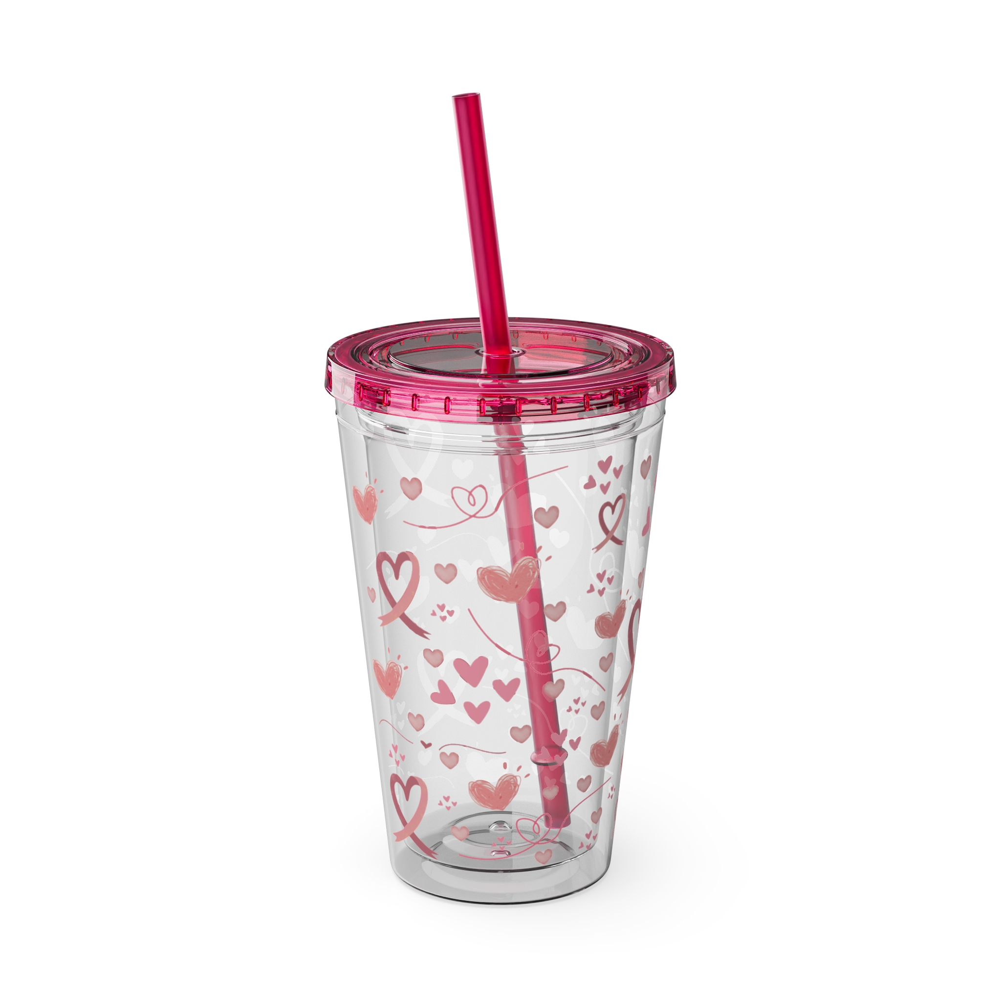 Breast Cancer Ribbon-Hearts Sunsplash Tumbler with Straw, 16oz - Image 2