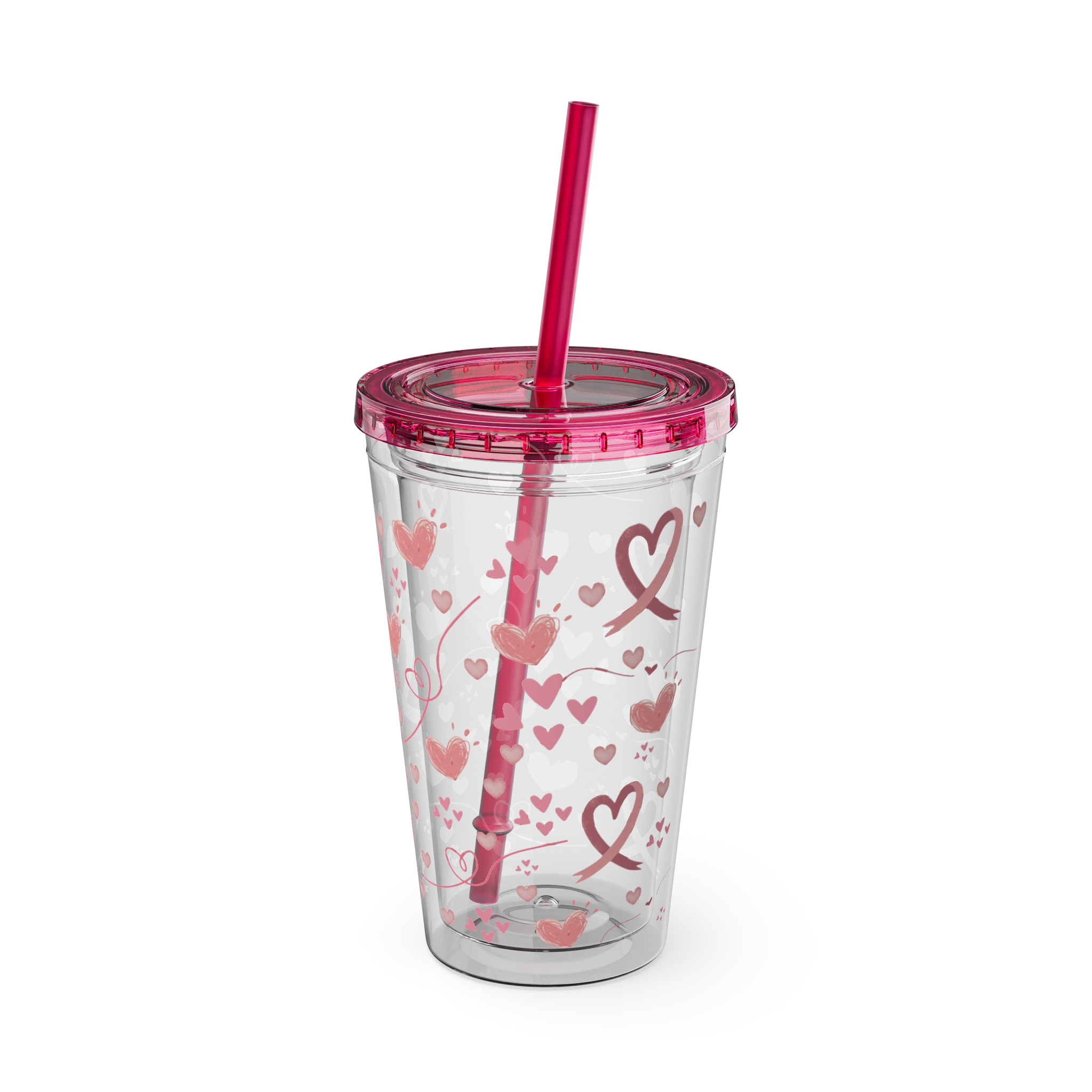 Breast Cancer Ribbon-Hearts Sunsplash Tumbler with Straw, 16oz - Image 4